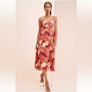 Moon River from Anthropologie Pleated Sleeveless Pink Floral Midi Dress